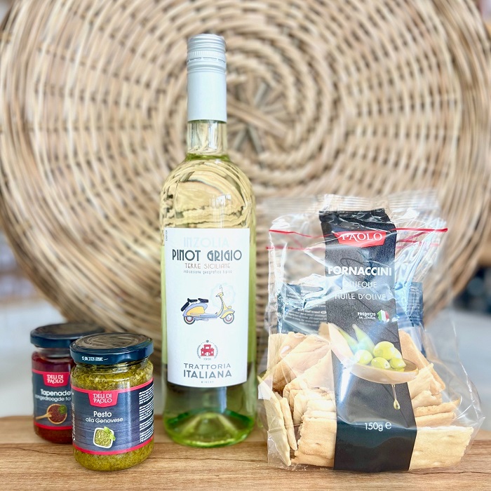 Giftset Italiaans borrelen Witte wijn Pinot Grigio - Verrasjelief