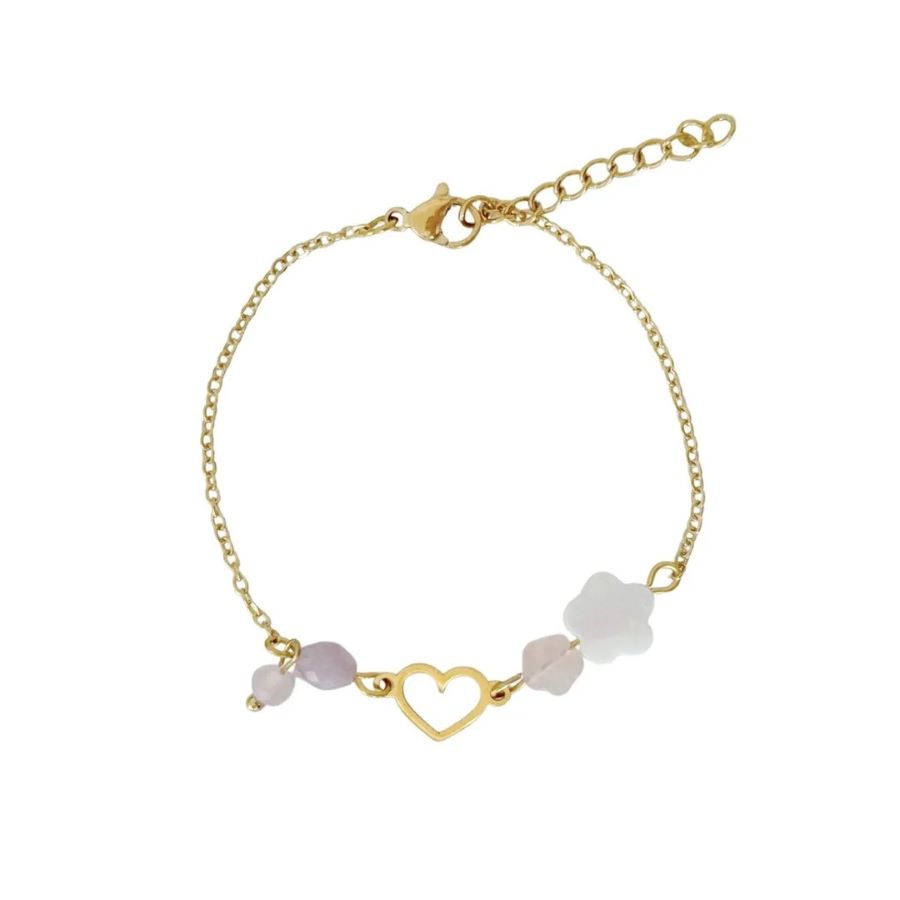 Armbandjes met positief werkende edelsteentjes Rozenkwarts Kunziet met hartje en bloemetjes Goud - Verrasjelief