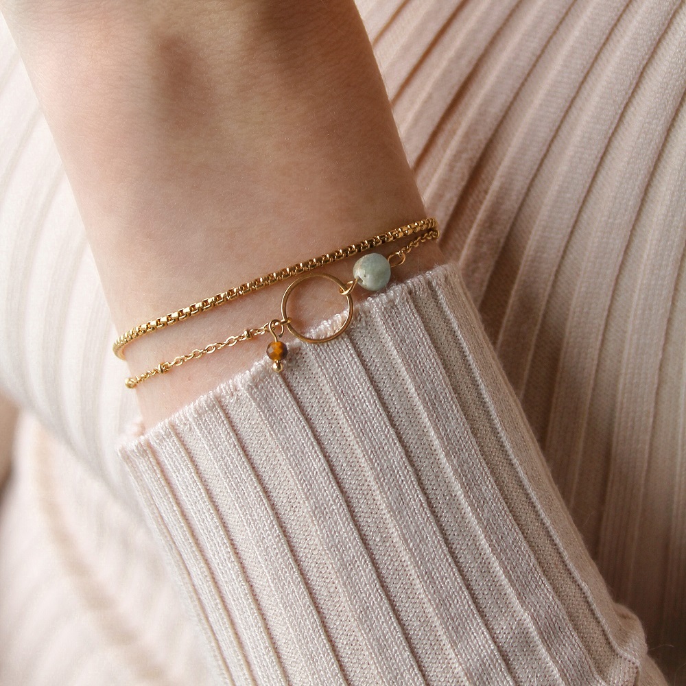 Armbandjes met positief werkende edelsteentjes Amazoniet & Tijgeroog Ring - goud - Verrasjelief