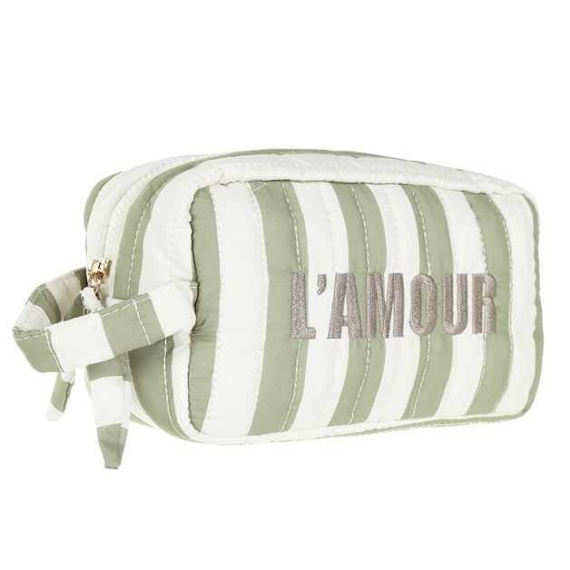Gestreepte strandtas L'AMOUR in drie kleuren Matcha Groen met toilettasje - Verrasjelief