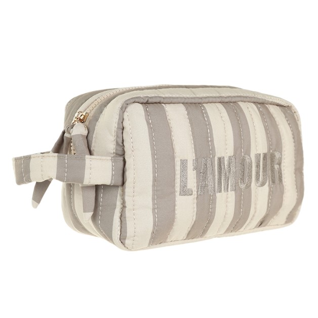 Gestreepte strandtas L'AMOUR in drie kleuren Naturel Khaki met toilettasje - Verrasjelief