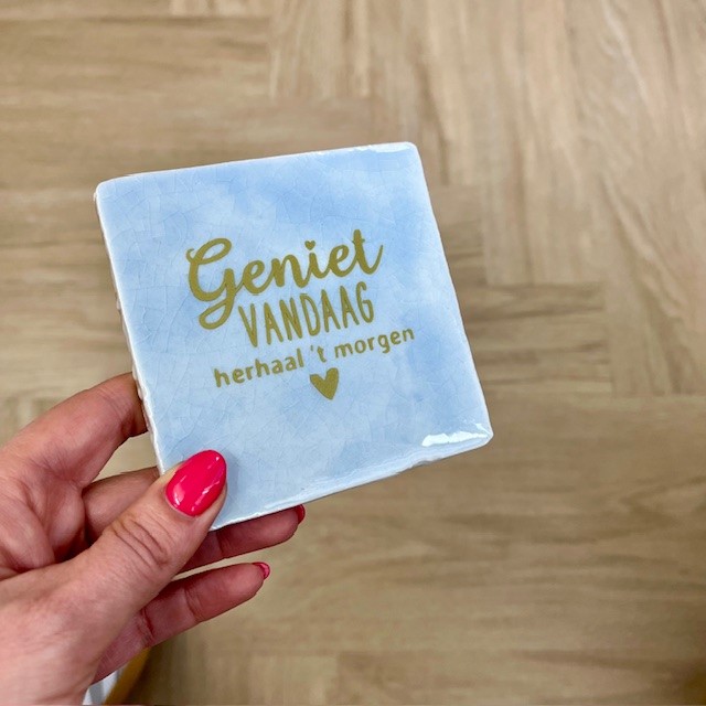 Originele tegeltjes en houten standaardje Geniet vandaag lichtblauw - Verrasjelief