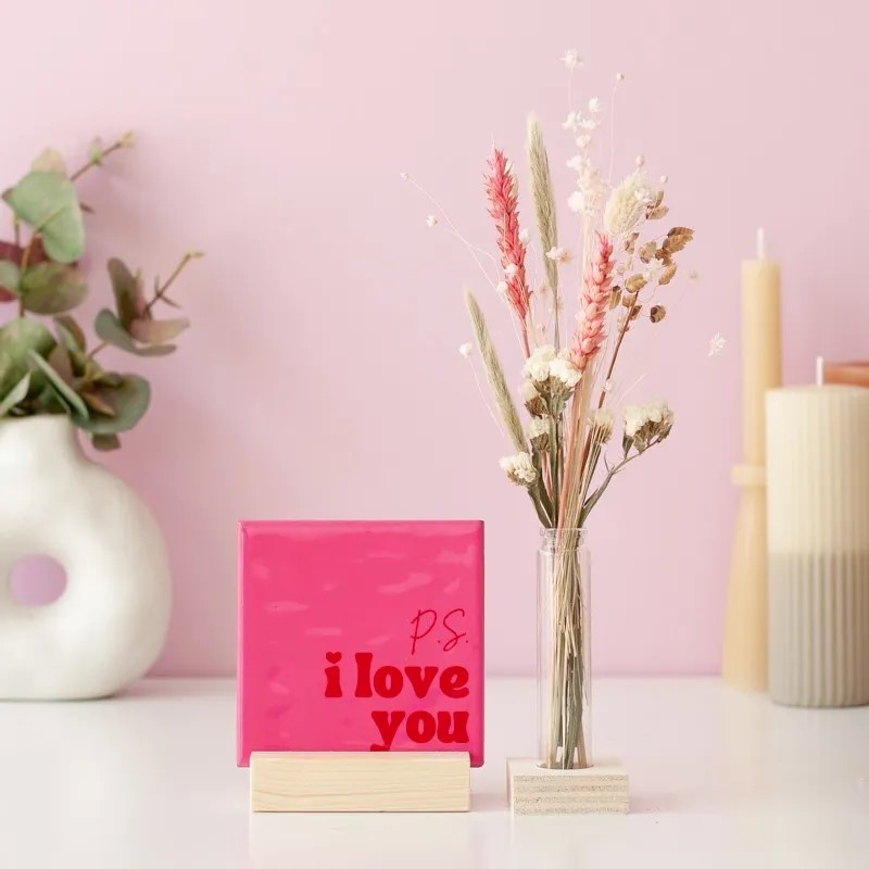 Lief tegeltje met vaasje droogbloemetjes P.S. I love you - Verrasjelief