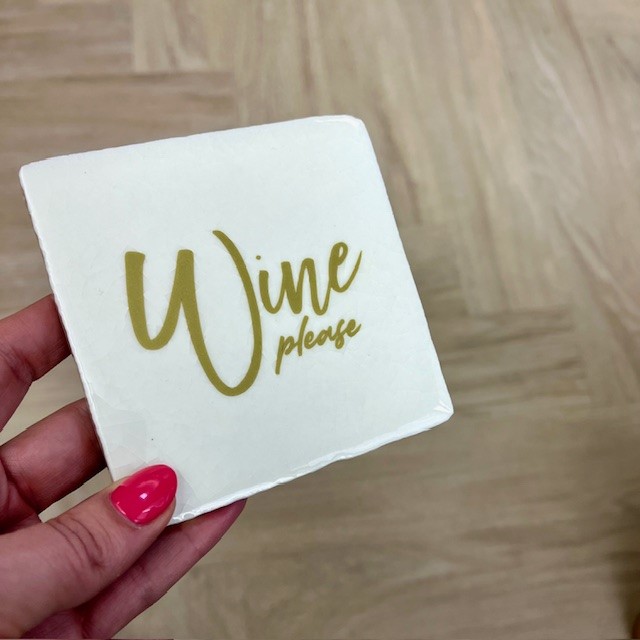 Originele tegeltjes en houten standaardje Wine please naturel goud - Verrasjelief