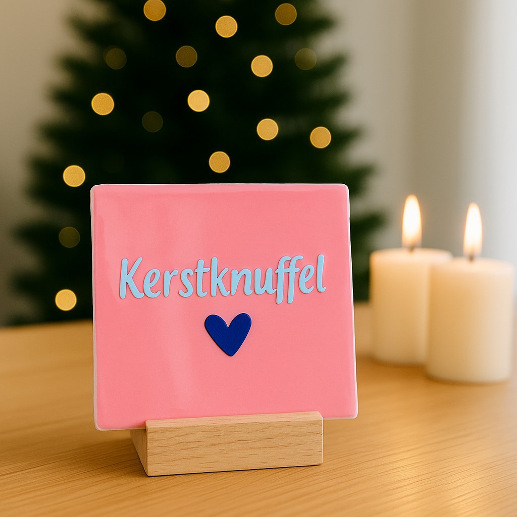 Originele tegeltjes met houten standaardje Kerstknuffel - Verrasjelief