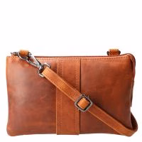Naturel leren crossbodytasje met telefoonvak en ritsjes en afneembare schouderband.