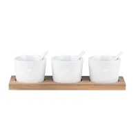 Räder houten plankje met drie schaaltjes met hartje en lepeltjes