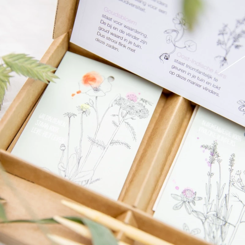 Bloemzaadjes in leuke zakjes met tekst in giftbox!