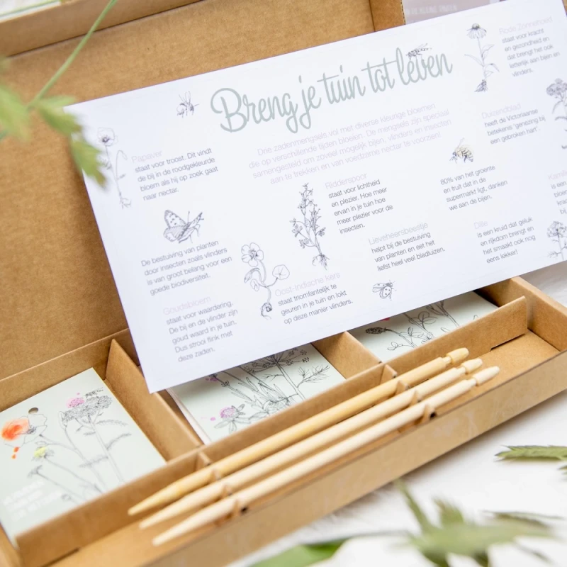 Bloemzaadjes in leuke zakjes met tekst in giftbox!