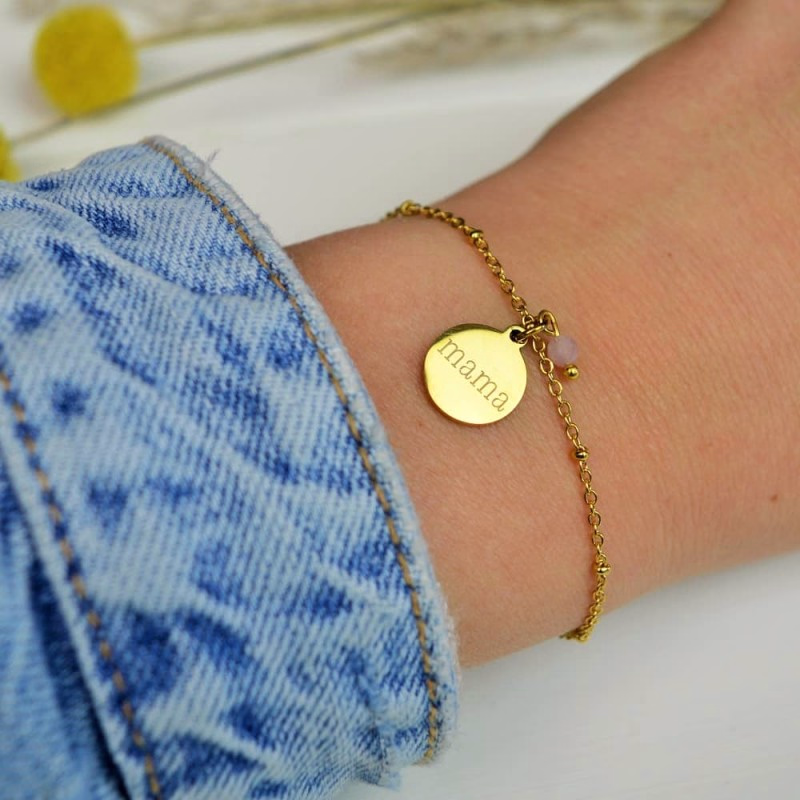 Armbandje 'Mama' met rozenkwarts in goud of zilver