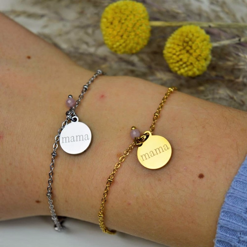 Armbandje 'Mama' met rozenkwarts in goud of zilver