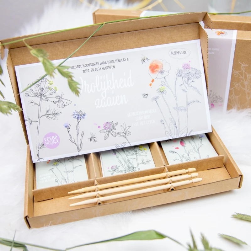 Bloemzaadjes in leuke zakjes met tekst in giftbox!