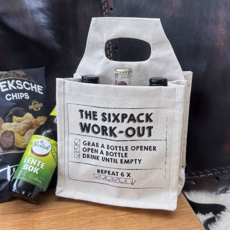 Origineel 'The sixpack work-out' canvas biertasje - Verrasjelief