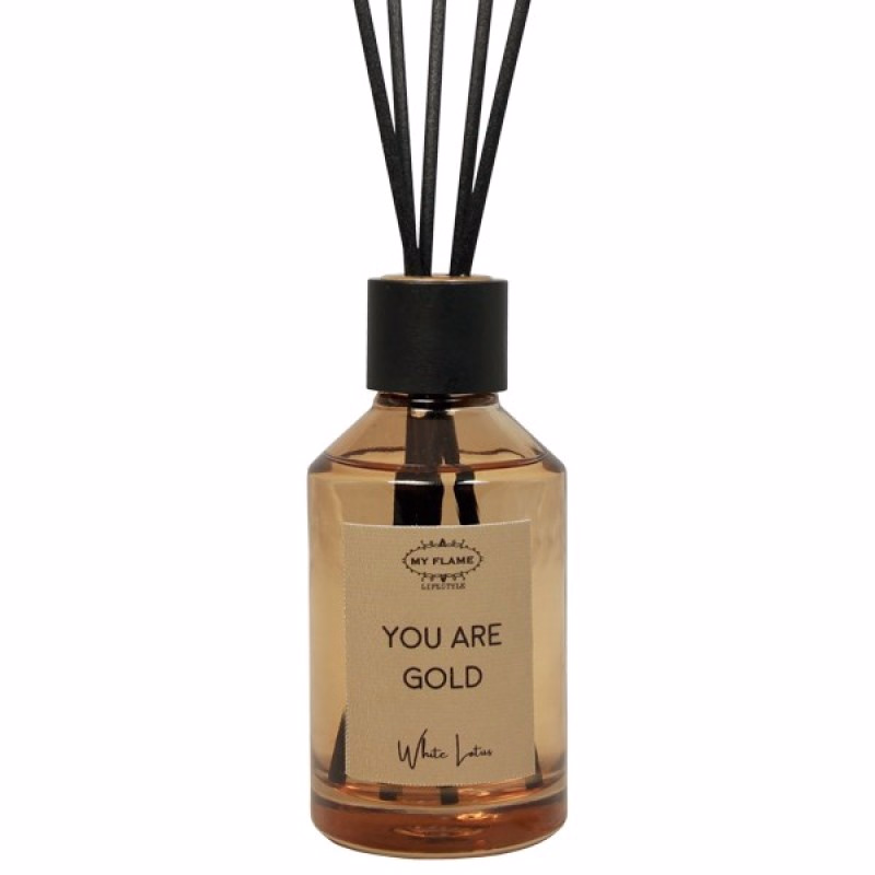 Geurstokjes in mooi flesje 'You are gold'