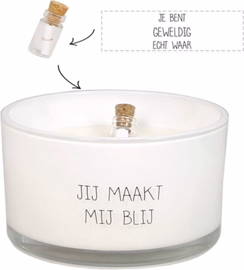 Sojakaars met flessenpost 'Jij maakt mij blij'
