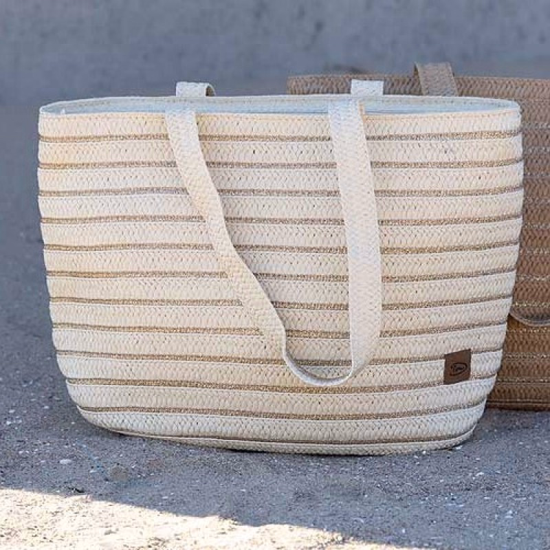 Stijlvolle strandtas in naturel of camel met gouddraad