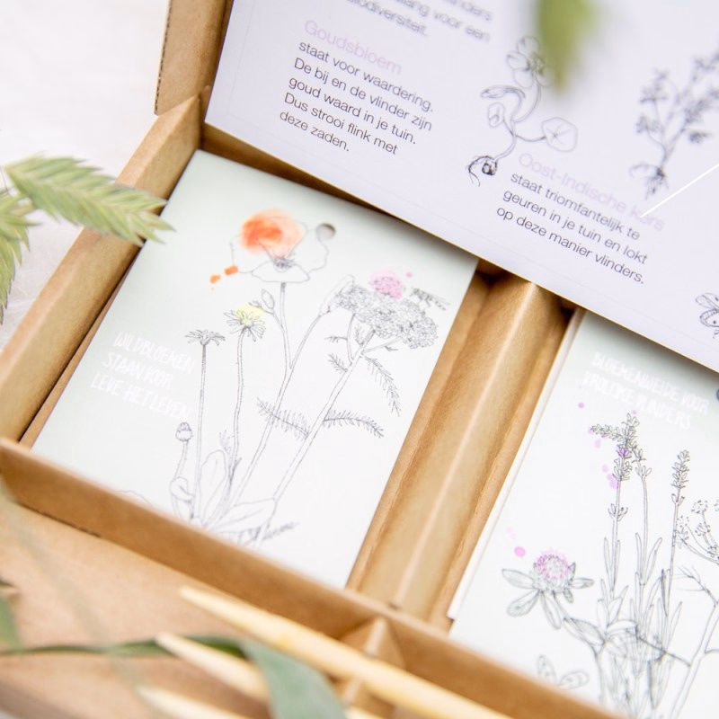 Bloemzaadjes in leuke zakjes met tekst in giftbox!