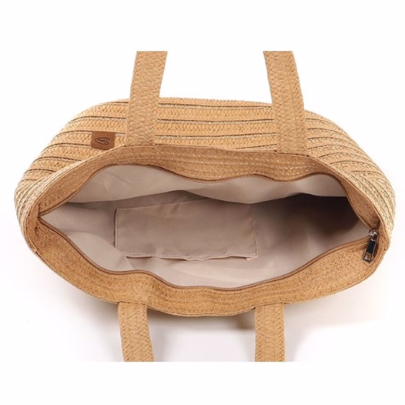 Stijlvolle strandtas in naturel of camel met gouddraad