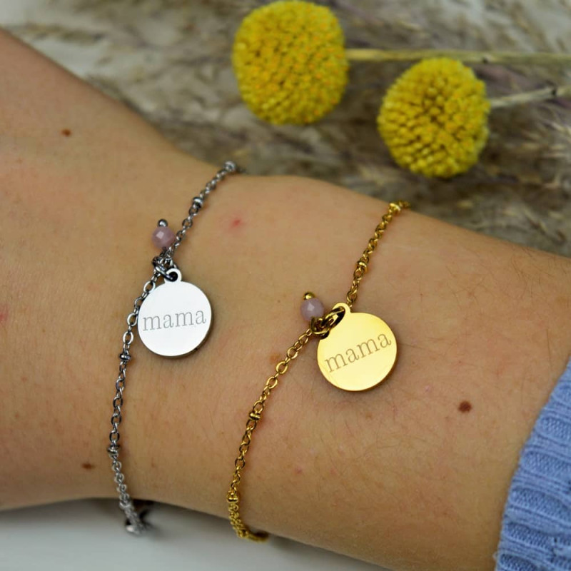 Armbandje 'Mama' met rozenkwarts in goud of zilver