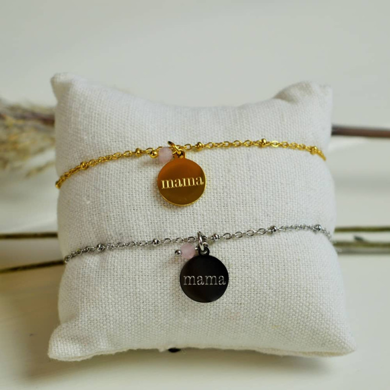 Armbandje 'Mama' met rozenkwarts in goud of zilver