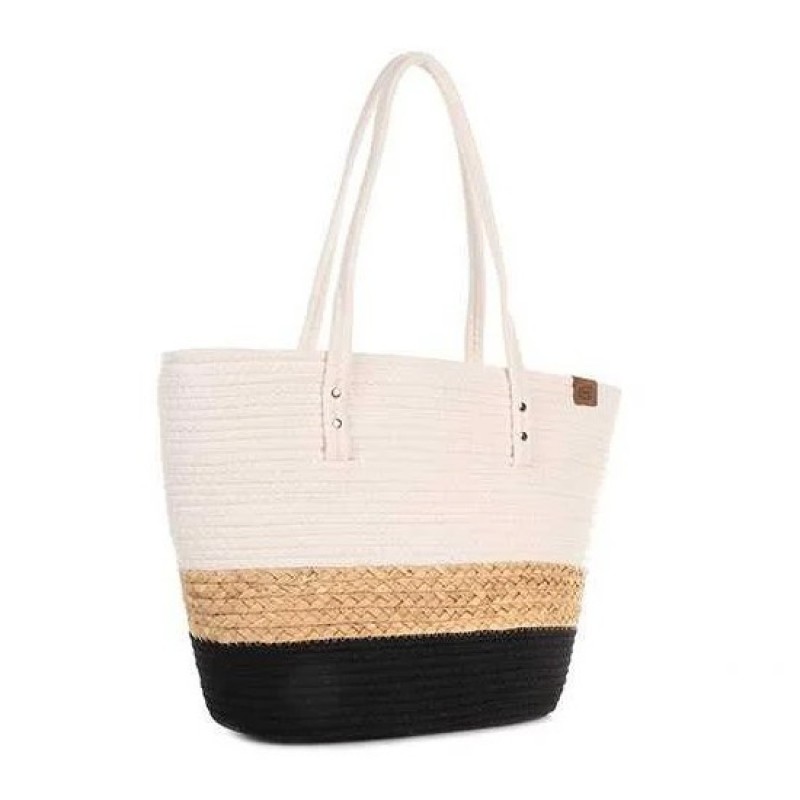 Stijlvolle strandtas in naturel met off-white en stoer zwart