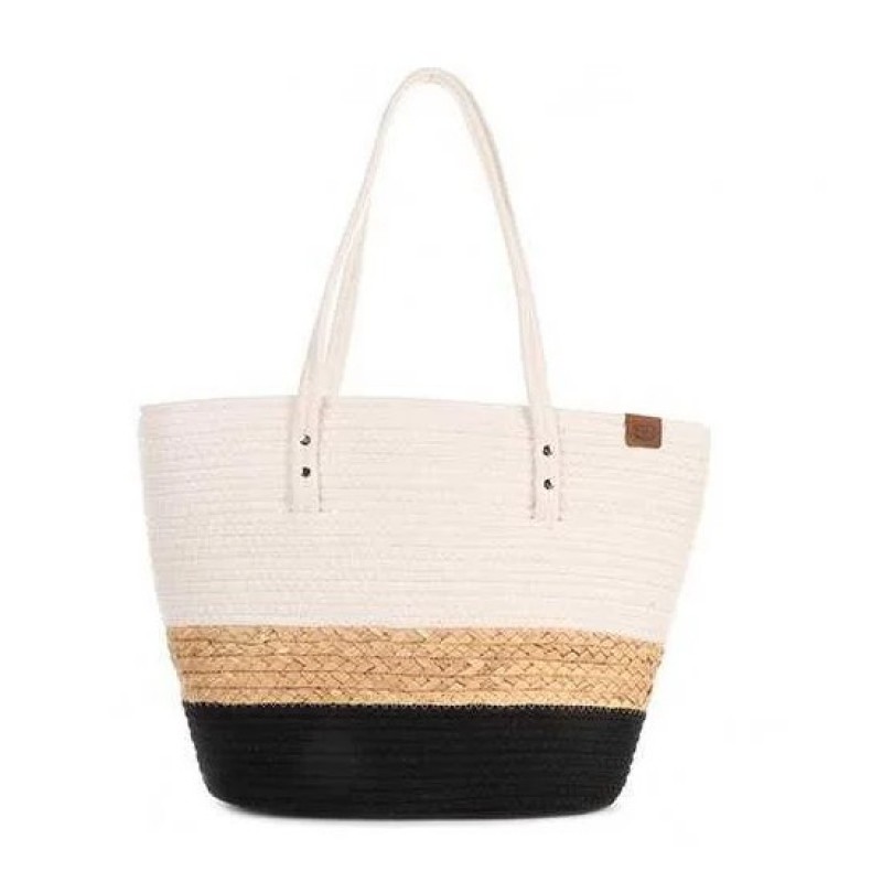 Stijlvolle strandtas in naturel met off-white en stoer zwart