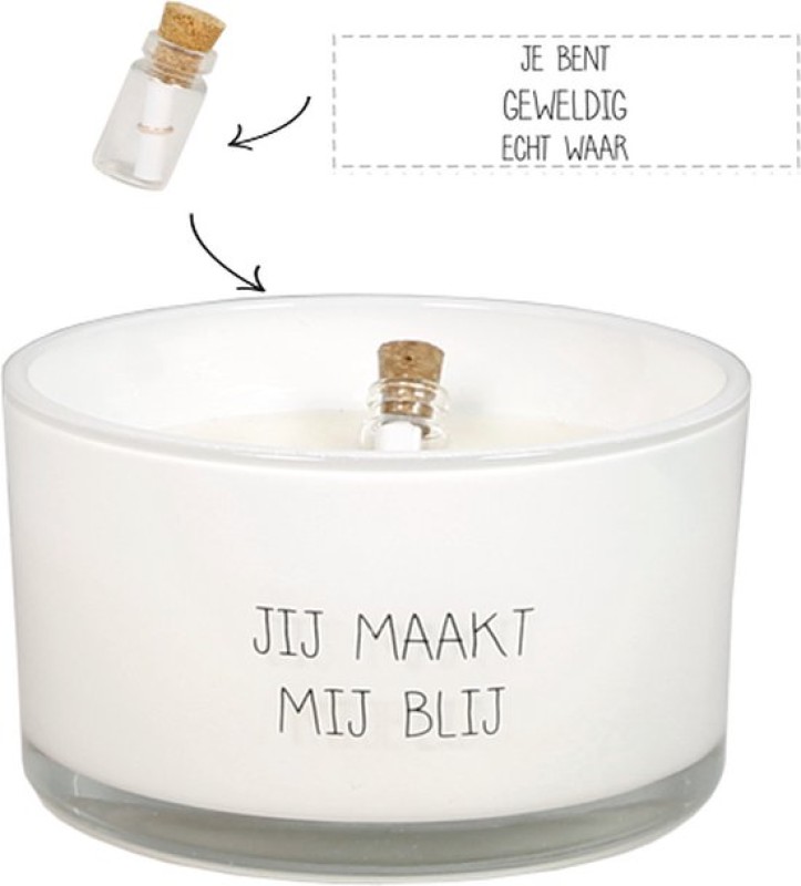 Sojakaars met flessenpost 'Jij maakt mij blij'